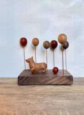 木雕小狗元素气球乐园桌面装饰创意礼品木质原木制车载实木小摆件