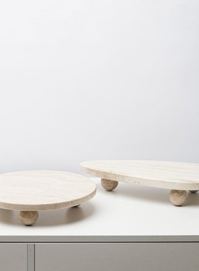 现代简约黄洞石托盘摆件洗手台茶几桌面收纳盘天然大理石装饰品