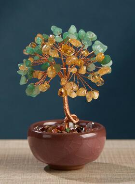 天然水晶黄紫粉桃花招财饰品生日礼物可爱发财树家居客厅桌面摆件