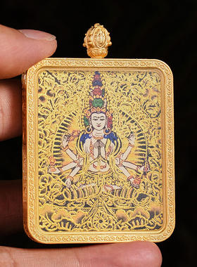 藏式唐卡黑金八大守护神手绘描金吊坠五台山五爷五路财神挂绳佛牌