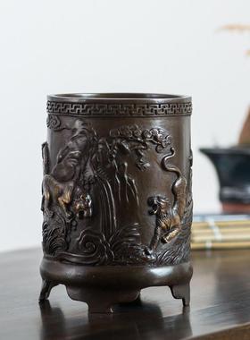 铜韵堂 铜制五虎笔筒摆件 创意个性书房装饰品教师节礼物铜工艺品