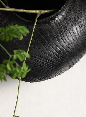 侘寂风纯手工大花瓶黑色炭化木质大漆花器茶空间民宿高级感摆件