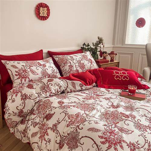 欧式婚庆四件组大红色床单被套奢华新婚全棉结婚床上用品,淘宝优惠券,粉丝福利购,淘宝优惠卷