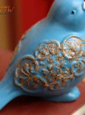 复古中式风蓝色系列陶瓷花纹对鸟摆件花园庭院别墅桌面装饰礼品