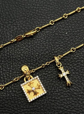 925纯银克罗伈22K金色满钻方块十字花项链男女十字架双吊坠毛衣链