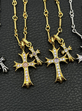 925纯银克罗伈22K金色双十字架项链男女欧美个性十字架吊坠毛衣链