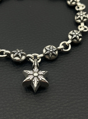 s925纯银克罗伈复古六芒星球手链男女款个性霸气经典款做旧可调节