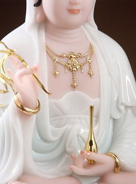 石雕坐莲南海观音菩萨像汉白玉观音佛像家用供奉保平安装饰摆件