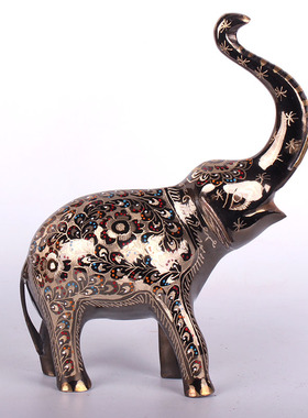 巴基斯坦铜器精雕彩点铜大象招财吸水情侣大象婚房家居摆设摆件