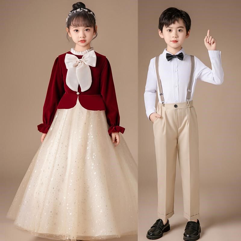 元旦儿童演出服女童长裙秋冬新款主持人中小学生合唱服男童背带裤,淘宝优惠券,粉丝福利购,淘宝优惠卷