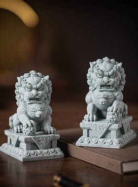 新中式石狮子公母一对茶宠摆件招财礼品小号看门庭院户外墓前装饰