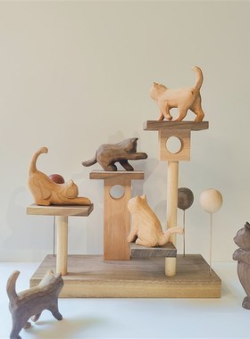冰冷森林木雕手作猫咪微观猫架朦胧猫幻想乐园氛围装饰摆件桌面