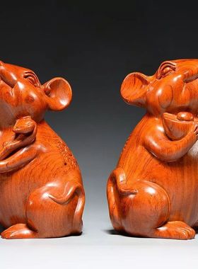 黑檀木雕老鼠摆件招财木质雕刻十二生肖金钱鼠家居客厅装饰工艺礼