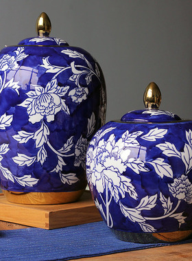 中式创意仿古陶瓷储物罐摆件别墅家居酒柜青花瓷花瓶茶叶罐装饰品