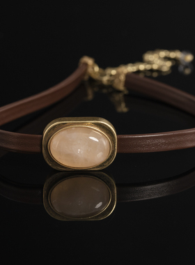 中古复古镀金紫晶石皮质项链