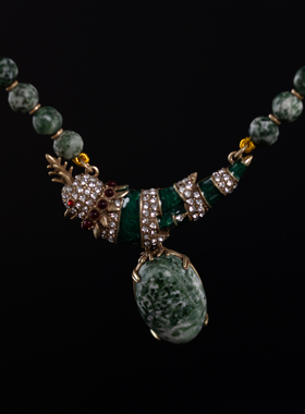 中古镀金绿松石串珠滴油镶钻项链