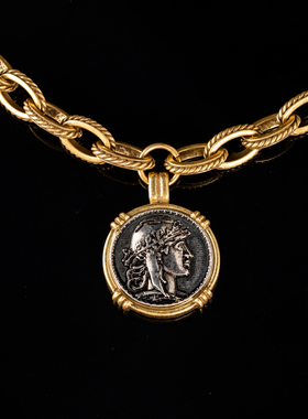 中古风铜镀金女王银币项链
