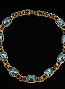 复古镀金麻花链镶嵌蓝琉璃项链