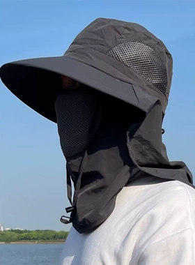 钓鱼防晒帽子男款全脸护脖户外遮阳登山太阳帽面罩夏季大檐渔夫帽