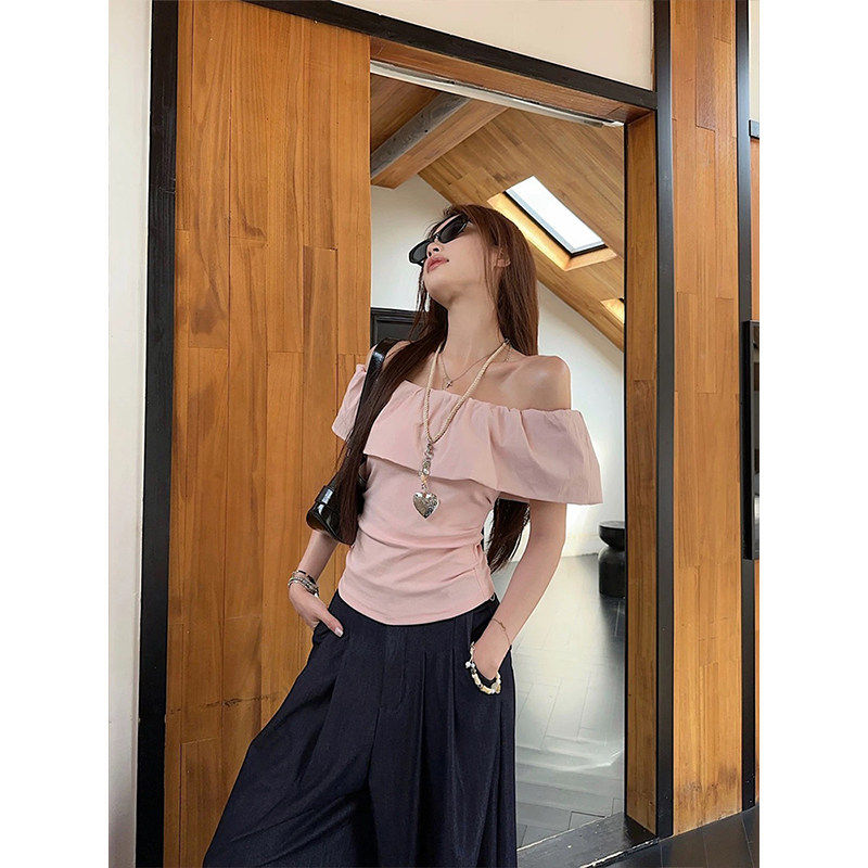MosesQueen魔西女王粉色法式一字肩短袖t恤女收腰荷叶边露肩上衣