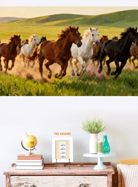 骏马图草原上飞驰的骏马马到成功贴画客厅玄关沙发背景墙贴百骏图