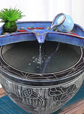 陶瓷流水鱼缸摆件双层养鱼盆 手工青花H陶瓷水缸造景可订制增氧设