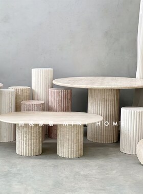 天然黄洞大理石开槽圆柱装饰摆件雕塑落地底座展示台立柱子石墩子