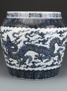 大明宣德青花双龙戏珠大缸彷古瓷器古董古玩收藏品包老老货老物件