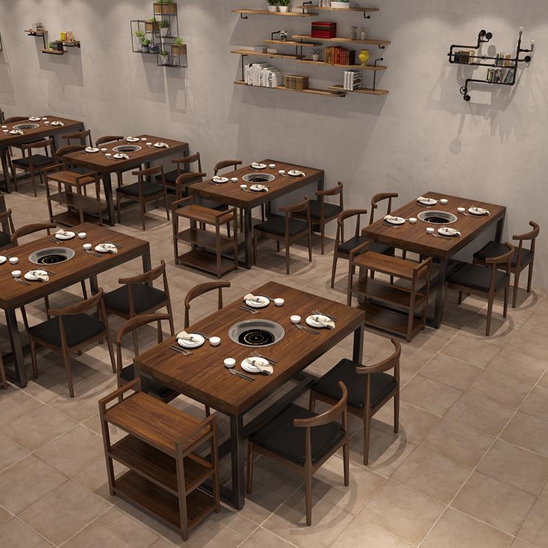 实木火锅桌带电磁炉一体餐桌商用串串烤肉店长方形桌多功能长条桌 - 图2
