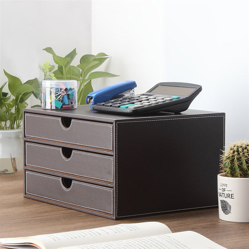 皮质桌面文件柜无锁资料柜收纳柜抽屉式桌上文件柜整理柜办公用品 - 图1