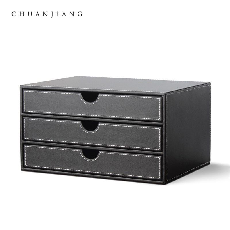 皮质桌面文件柜无锁资料柜收纳柜抽屉式桌上文件柜整理柜办公用品 - 图0