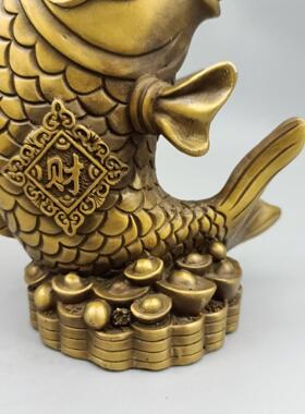 古玩铜器收藏 福鱼献财铜摆件 家居装饰桌面创意礼品工艺品