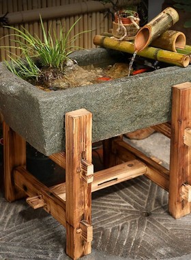 庭院假山竹子排循环流水景观阳台养鱼池造景花园装饰石槽喷泉摆件