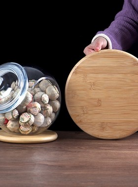 密封罐底托架竹木简约圆形花盆垫20CM展示罩摆件木制托盘