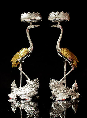 锡烛台龙龟仙鹤烛台一对烛台摆件家用灯台蜡台仙鹤踏龙龟烛台合金