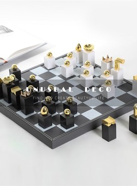 北欧现代高档家居黑白马毛棋格国际象棋盘客厅桌V面软装饰品摆件