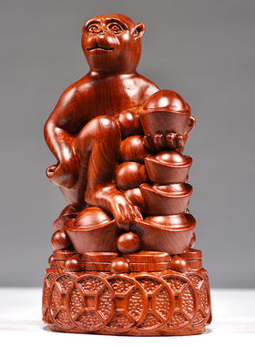 花梨木雕刻猴子摆件生肖猴实木质灵猴献桃办公装饰送礼红木工艺品