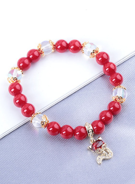 粉色草莓水晶手链女招桃花转运单圈貔恘手工串珠简约手链闺蜜礼物