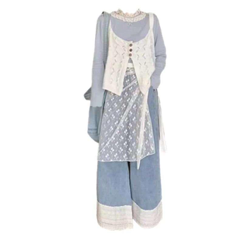 大码胖mm温柔吊带马甲打底衫网纱半身围裙牛仔裤女春夏叠穿四件套,淘宝优惠券,粉丝福利购,淘宝优惠卷