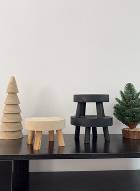 侘寂风木质圆形三脚托盘复古做旧水果陈列茶盘道具民宿装饰摆件