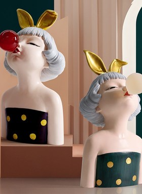 轻奢风吹泡泡女孩客厅样板间橱窗艺术感高级人物雕塑软装饰品摆件