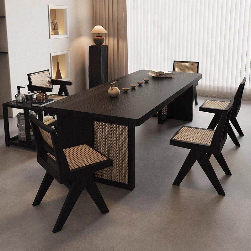 实木藤编茶台茶桌椅组合客厅碳黑大板茶几黑色侘寂风新中式泡茶台,淘宝优惠券,粉丝福利购,淘宝优惠卷