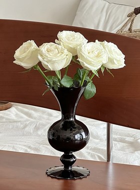 ins风高级感网红中古黑色w花瓶玻璃插花玫瑰鲜花假花客厅餐桌摆件