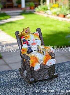 跨境太阳能庭院猫躺椅摆件创意树脂工艺花园户外装饰动物雕像摆件