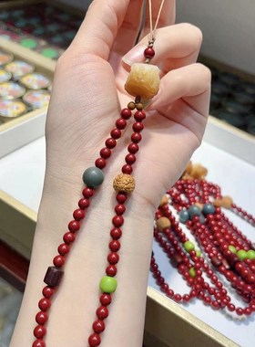 原矿朱砂搭配菩l提根醒狮手机挂绳 防丢失女款手链手机绳