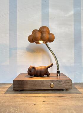 木雕猫咪元素充电小夜灯桌面装饰木质创意礼品原木制实木夜灯摆件