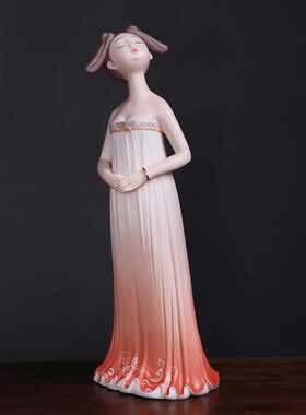 如意陶瓷瓷器创意美女工艺品摆件仕古典女女粉色站人物式仕家居