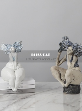 现代艺术手工白色陶瓷少女坐姿样板E间客厅书房比基尼人物雕塑摆