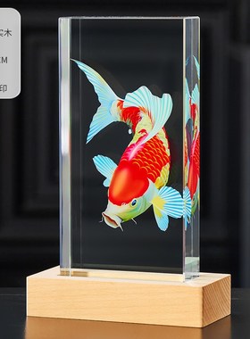 水晶内雕锦鲤摆件公司创意电视酒柜桌面装M饰品招财艺术发光轻奢