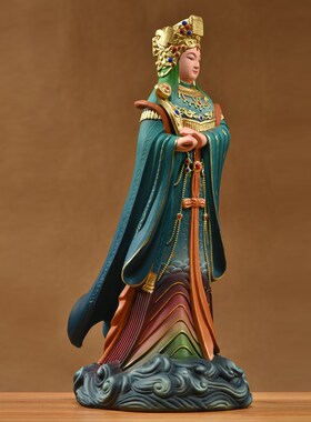 实木雕刻彩绘妈祖神像摆件新中式天上圣母家居客厅玄关装饰工艺品